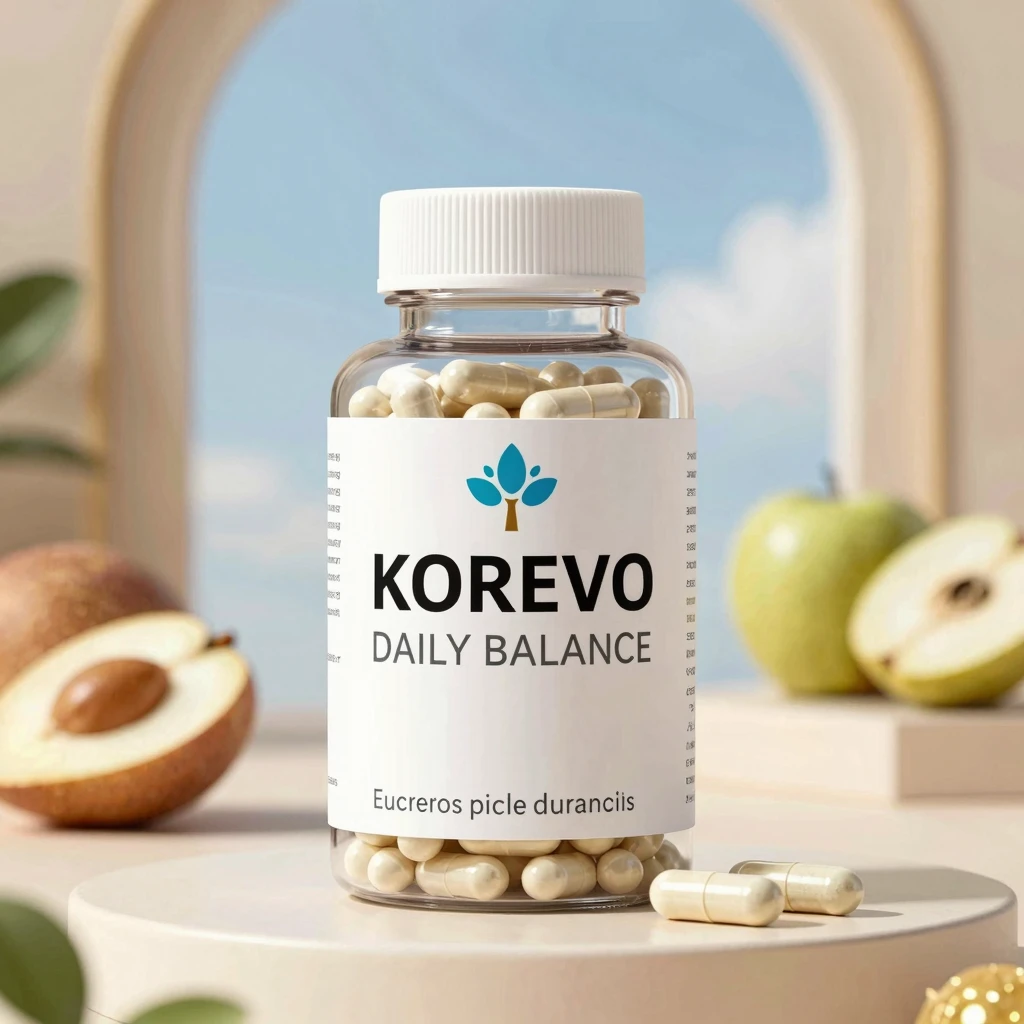 Korevo supplement bottle and capsules close-up
